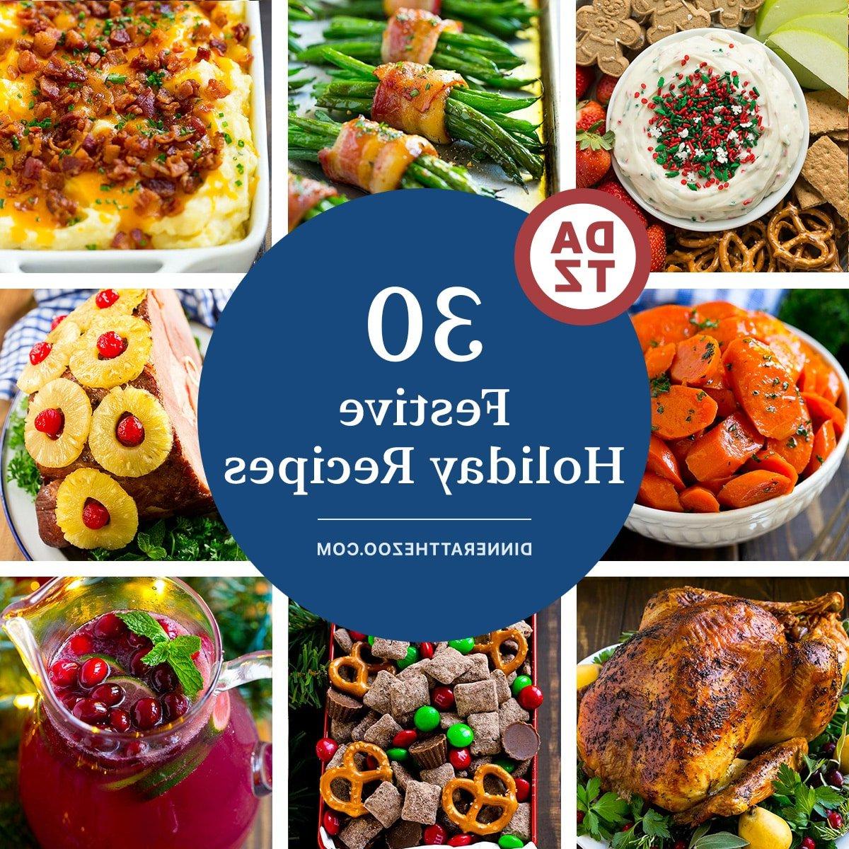 Eine Gruppe von Bildern festlicher Weihnachtsrezepte wie Kräuter-Truthahnbraten, Weihnachtsplätzchenteig-Dip und Kartoffelauflauf mit allem Drum und Dran.