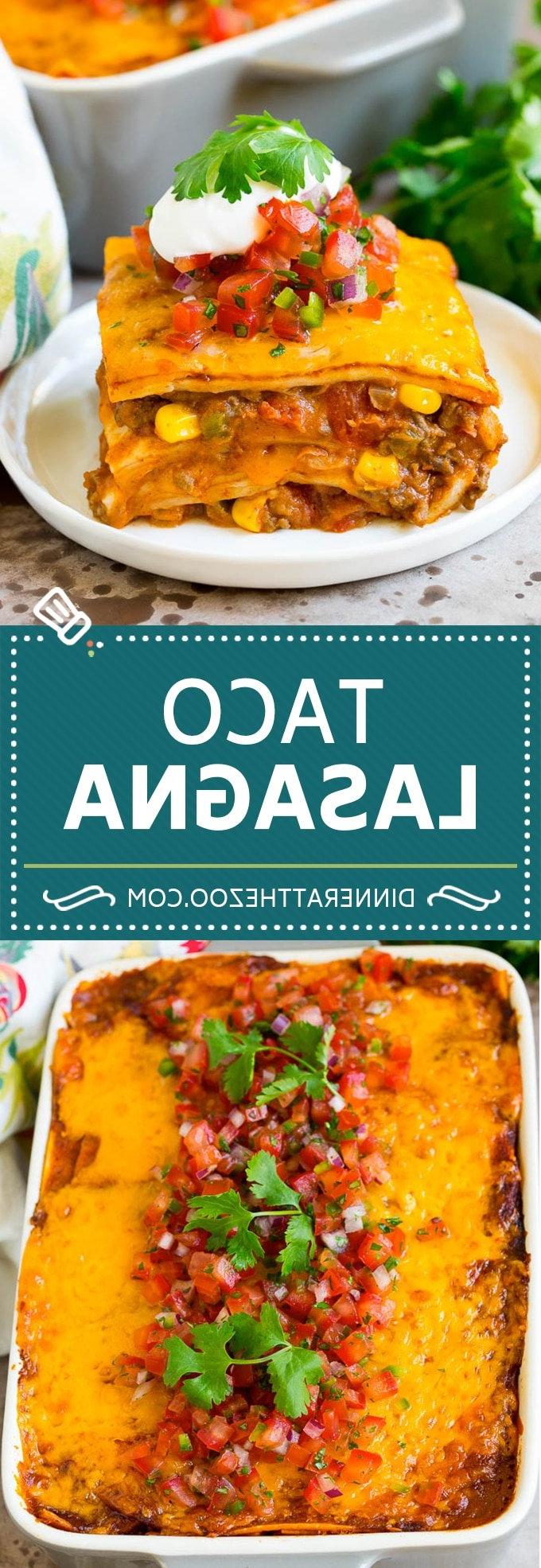 Diese Taco-Lasagne besteht aus Schichten von Weizentortillas, geschmolzenem Käse, Bohnen, Gemüse und Hackfleisch, alles goldbraun gebacken. Diese Taco-Lasagne besteht aus Schichten von Weizentortillas, geschmolzenem Käse, Bohnen, Gemüse und Hackfleisch, alles goldbraun gebacken.