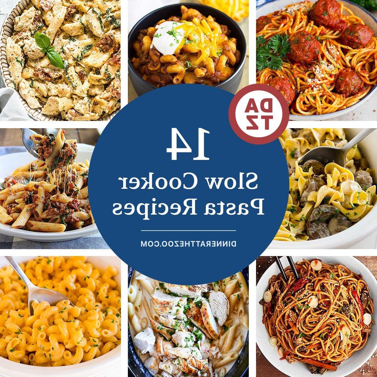 14 Slow Cooker Nudelrezepte 2 Eine Auswahl an Slow Cooker Pasta Rezepten, darunter Makkaroni mit Käse, toskanische Hähnchenpasta und Rinder-Stroganoff.