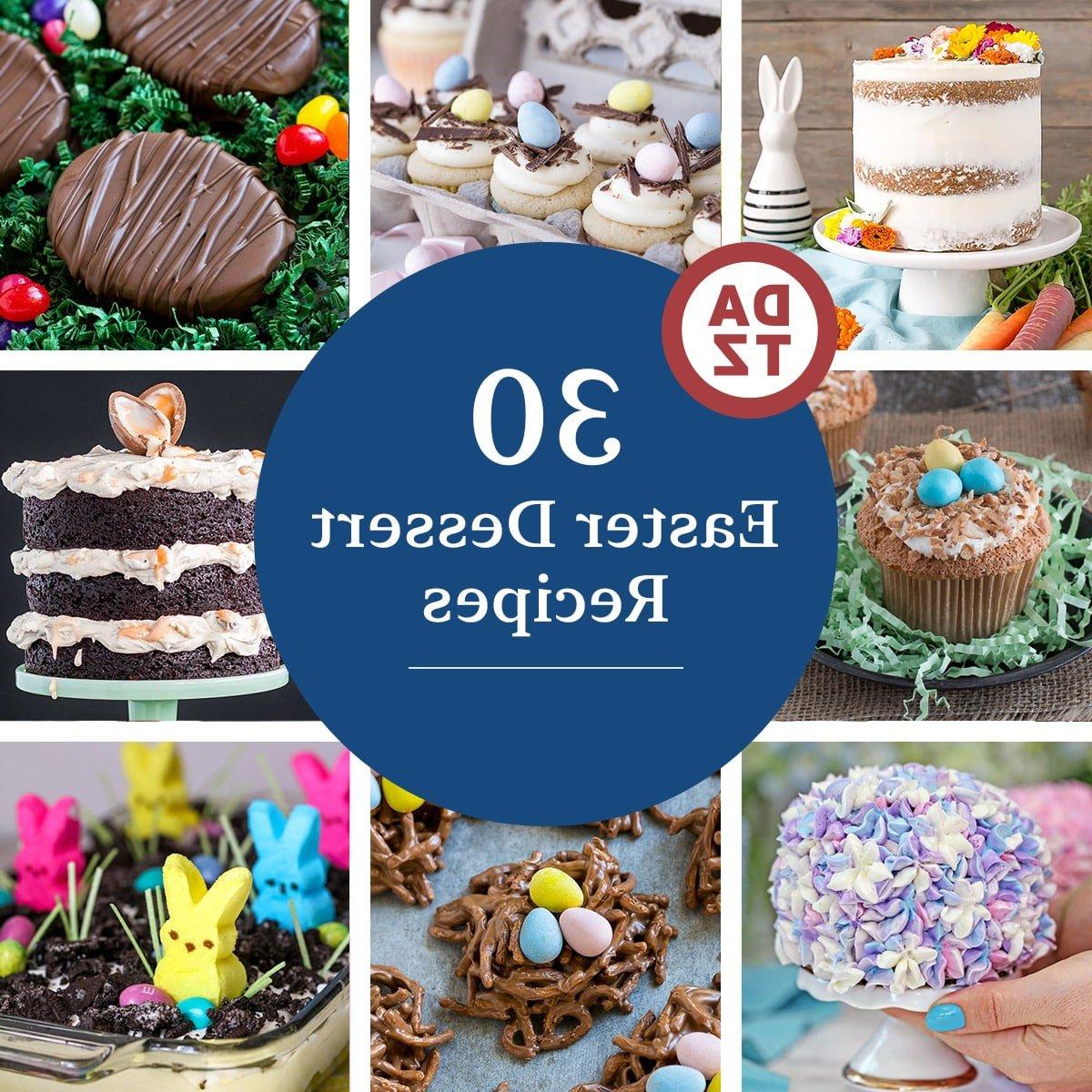 Eine Sammlung von Bildern mit Osterdessert-Rezepten wie Karottenkuchen, Erdnussbutter-Eiern und Vogelnest-Keksen.
