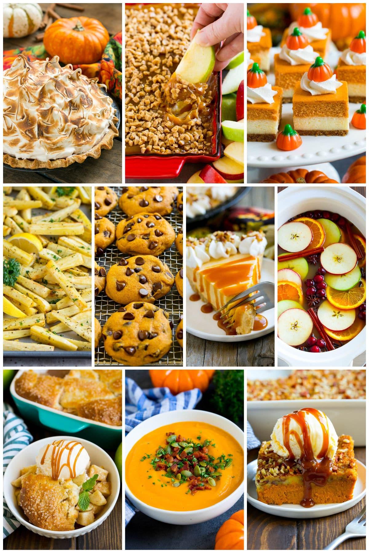 Eine Sammlung von Erntezeit-Gerichten wie Kürbis-Käsekuchenriegel und Karamell-Apfel-Dip.