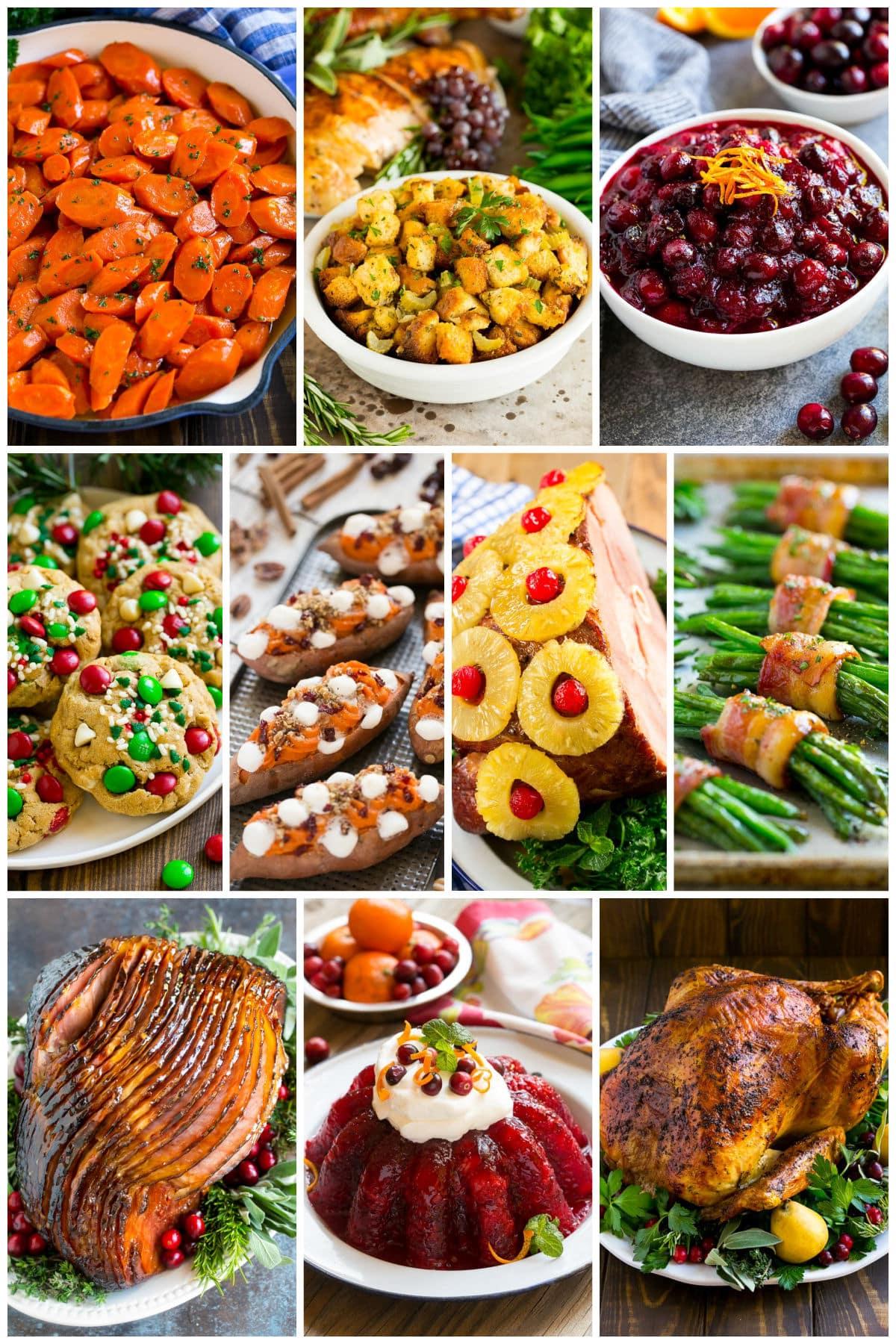 Eine Gruppe von festlichen Weihnachtsrezepten wie Cranberry-Orangen-Sauce, Weihnachtskekse mit Monster-Muster und grüne Bohnenbündel.