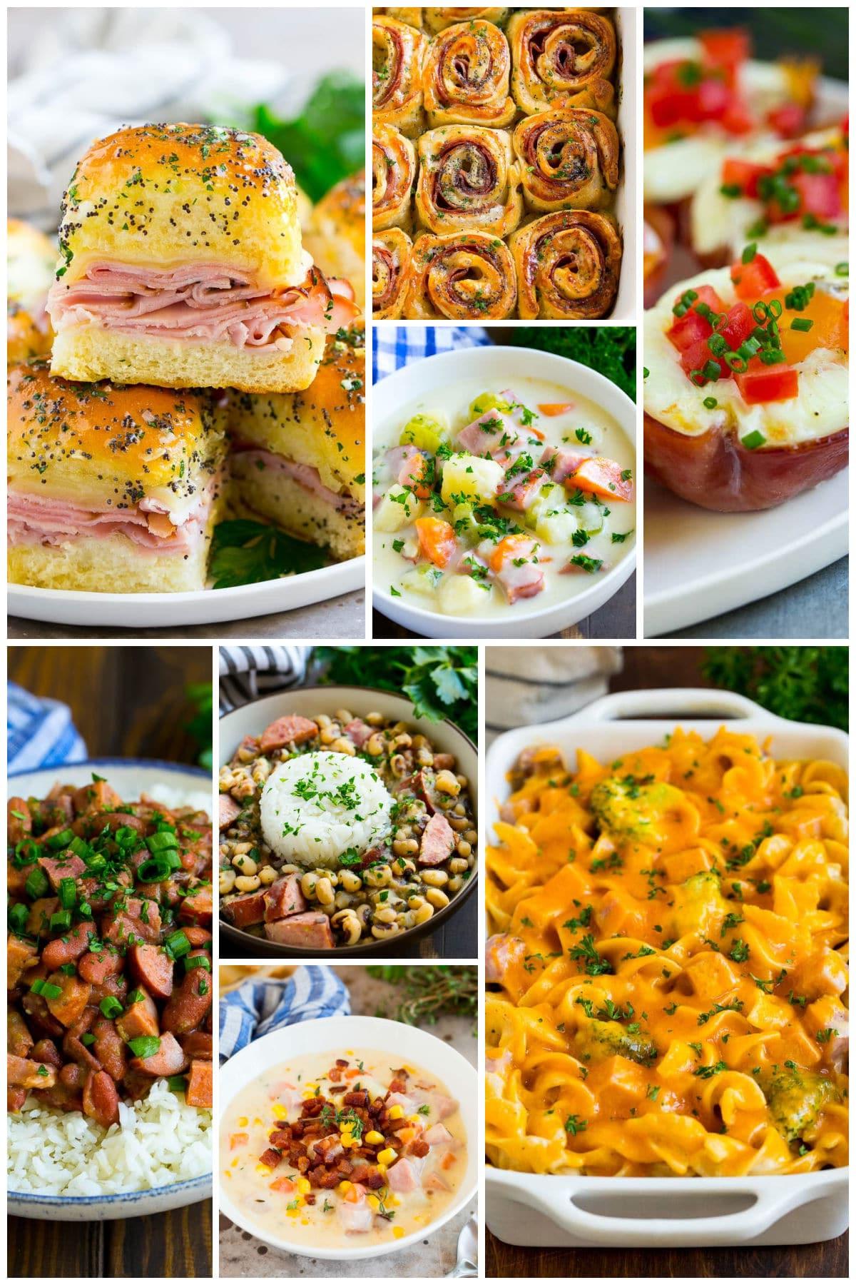 18 Schinkenreste-Rezepte 14 Mehrere Bilder von Schinkenrezepten wie Schinken-Sliders, Schinken-Kartoffel-Suppe und Schinken-Eier-Muffins.