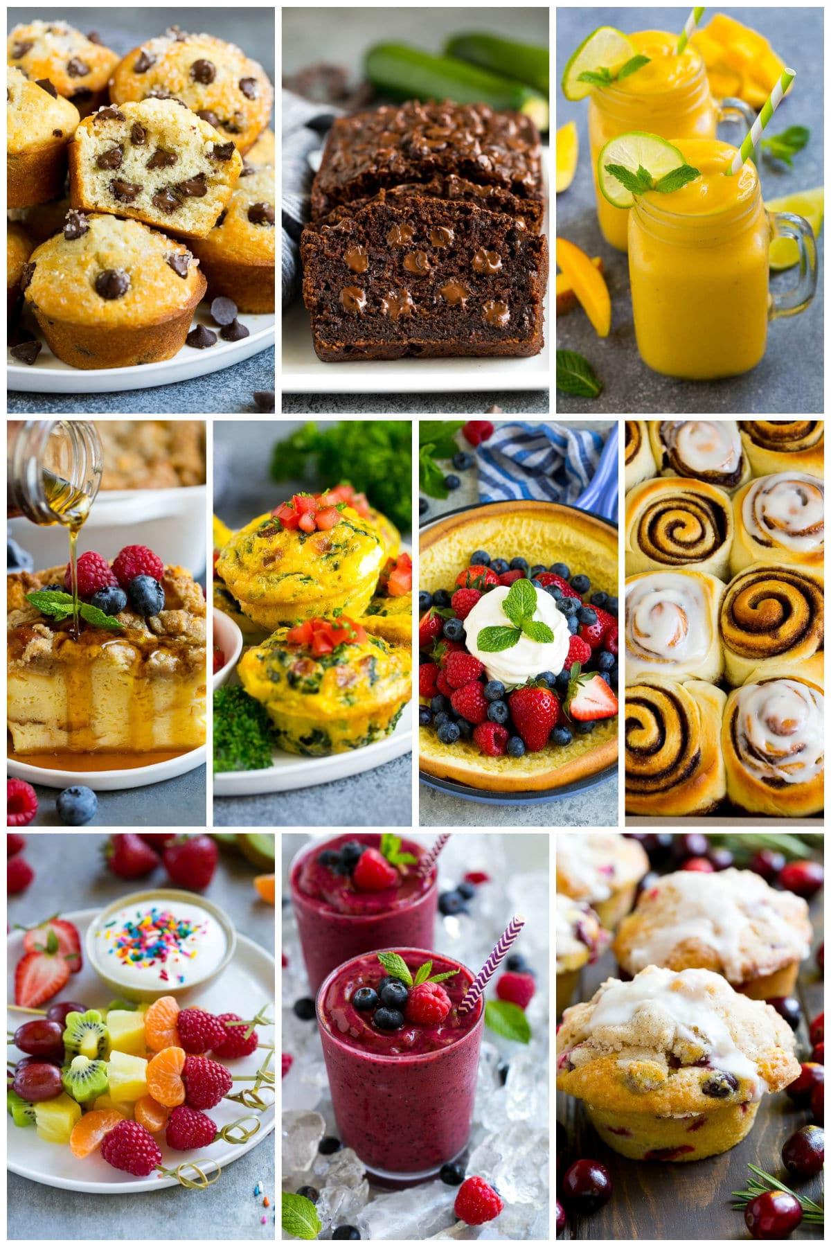 Eine Sammlung von Bildern mit einfachen Morgenmahlzeiten wie Schokochip-Muffins und French Toast Auflauf.