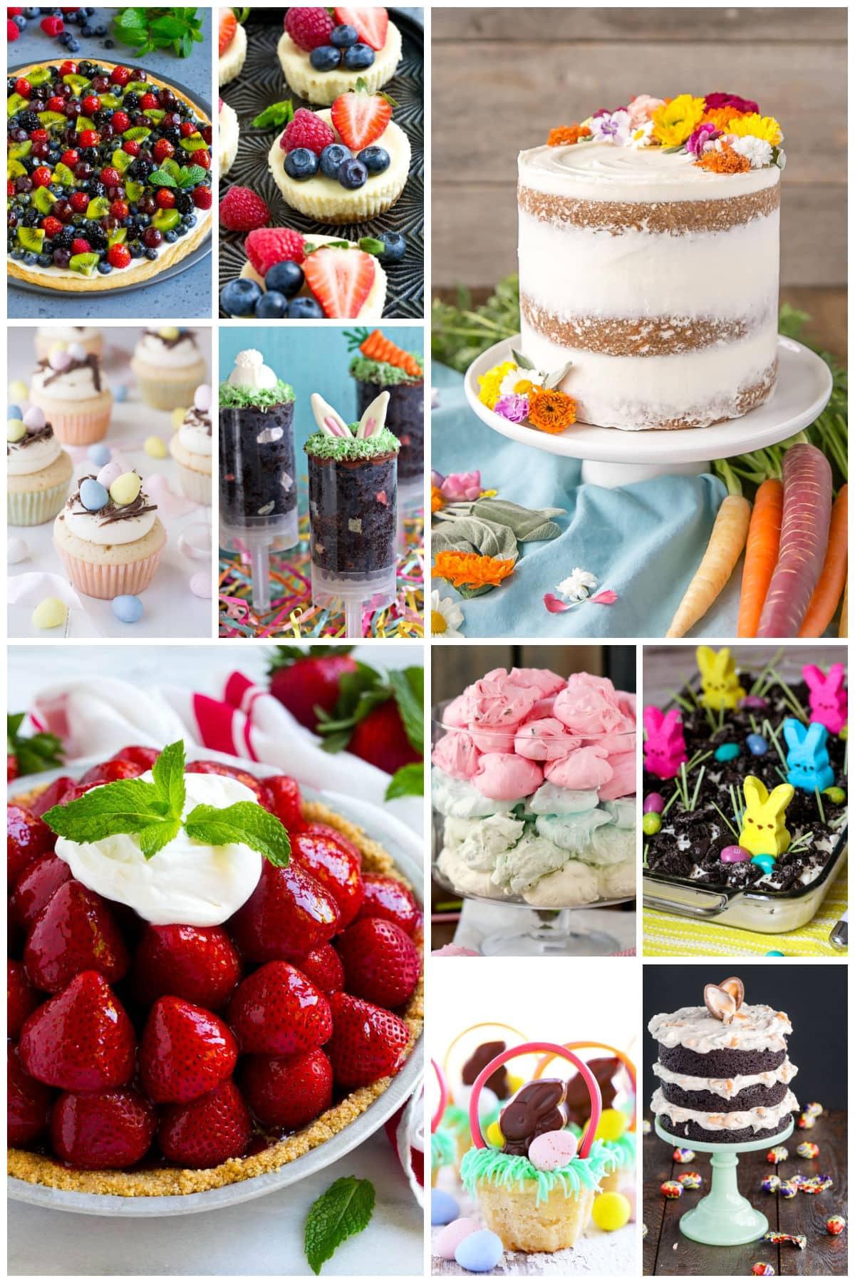 Eine Gruppe von Frühlingssüßigkeiten wie Karottenkuchen, Fruchtpizza und frischer Erdbeerkuchen.