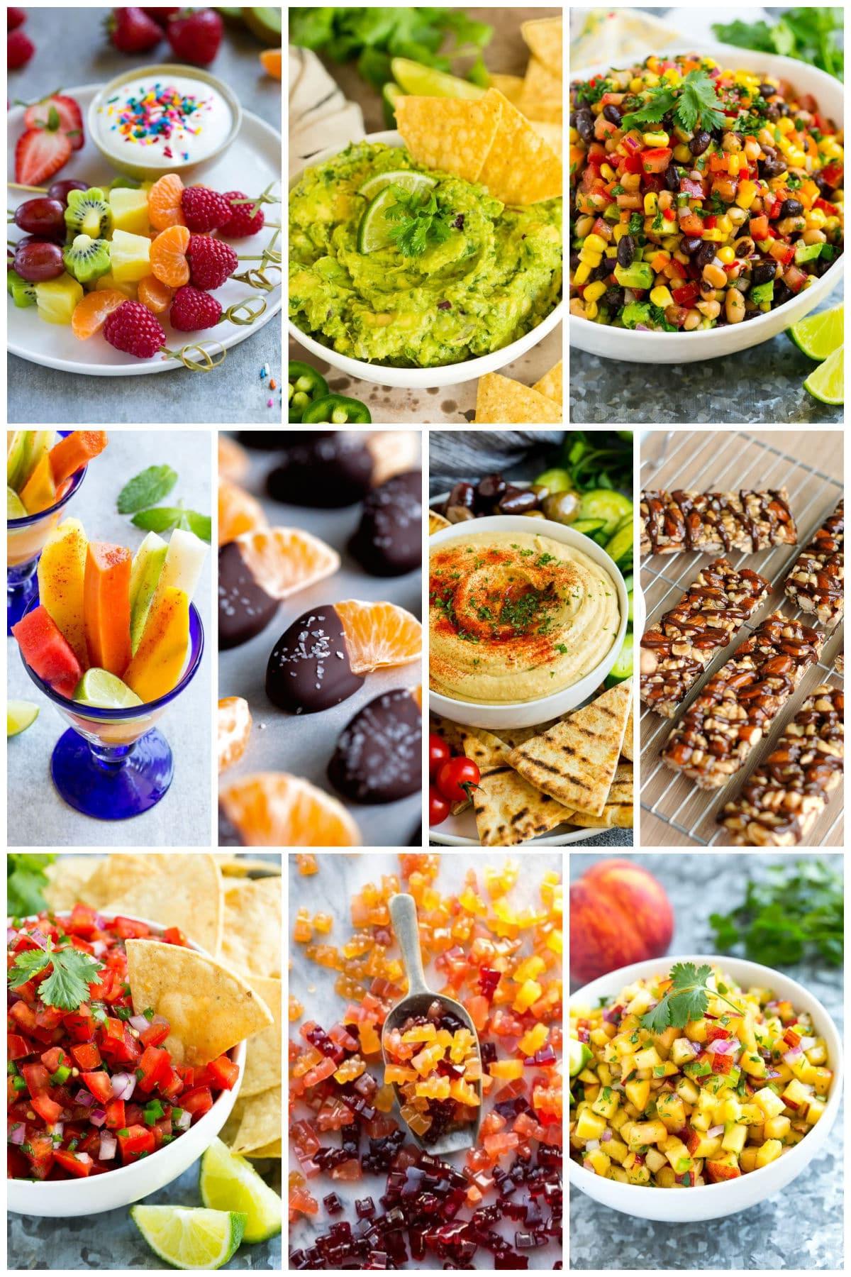 Eine Sammlung von Bildern von farbenfrohen schnellen Bissen wie Hummus und Frucht-Kebabs.