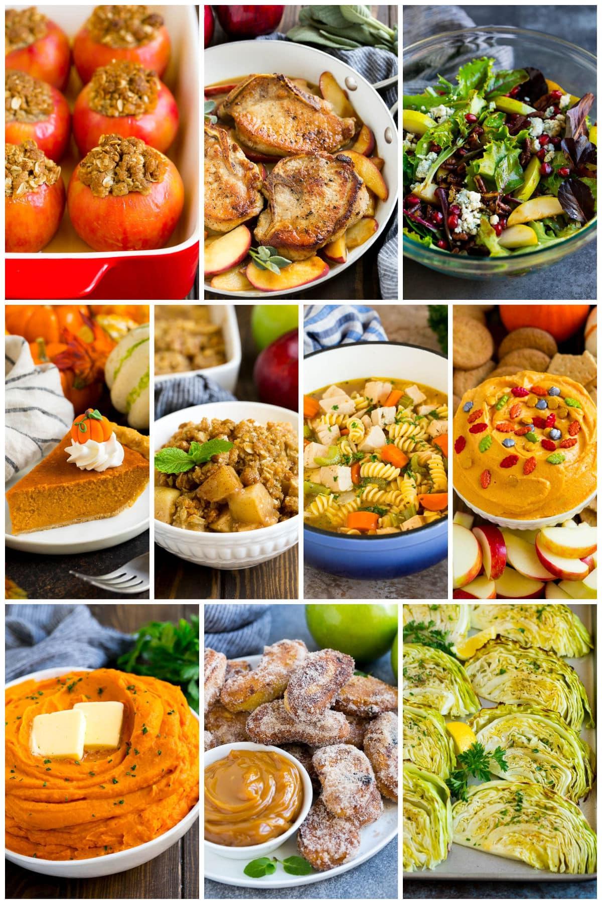 Eine Gruppe von Bildern von Herbstrezepten wie Birnensalat, Putennudelsuppe und hausgemachtem Kürbiskuchen.