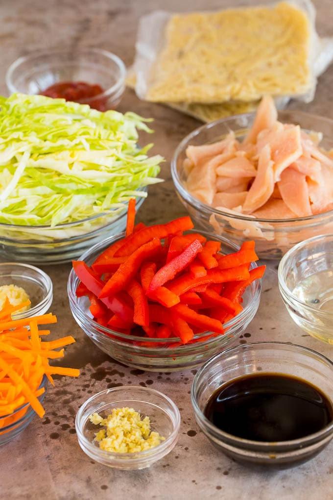 Diese Yakisoba Nudeln sind zarte, gebratene Nudeln, die in einer herzhaften Sauce mit Hähnchen und Gemüse zubereitet werden. Bowls of shredded vegetables, sliced chicken and seasonings.