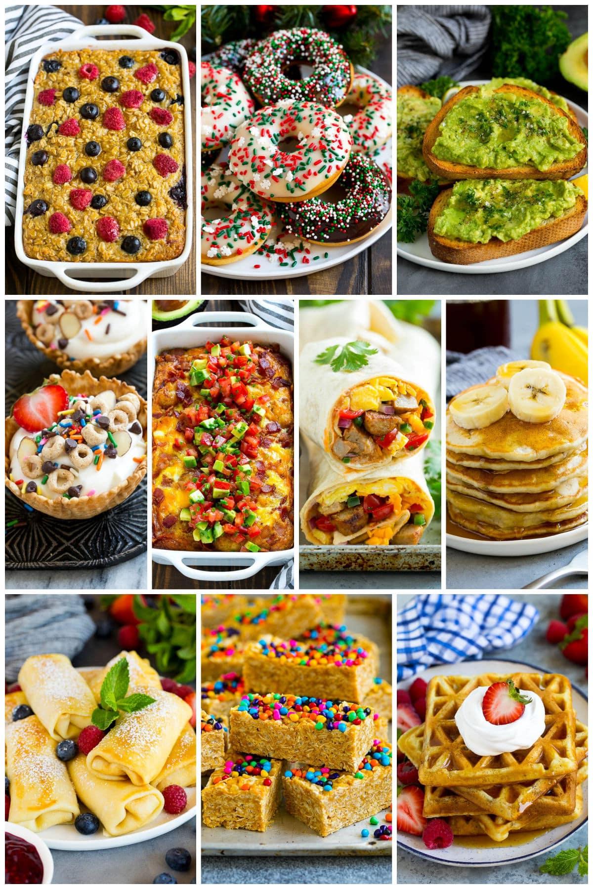 Eine Gruppe von Bildern mit Frühstücksideen für Kinder wie Frühstücks-Burritos, Bananenpfannkuchen und Buttermilchwaffeln.