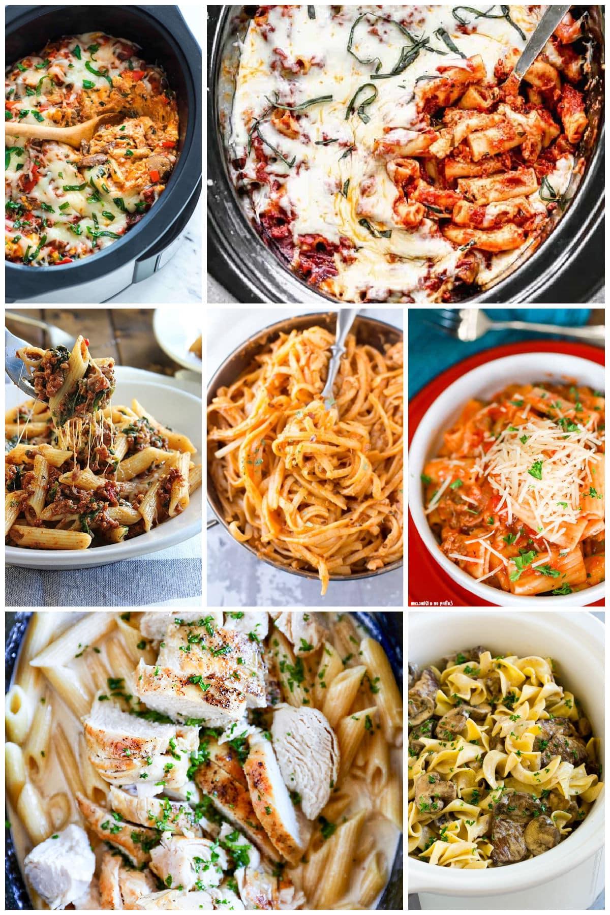 14 Slow Cooker Nudelrezepte 3 Eine Gruppe von Nudelgerichten, die im Crock-Pot zubereitet wurden, wie gebackenes Ziti und Firecracker Hähnchenpasta.
