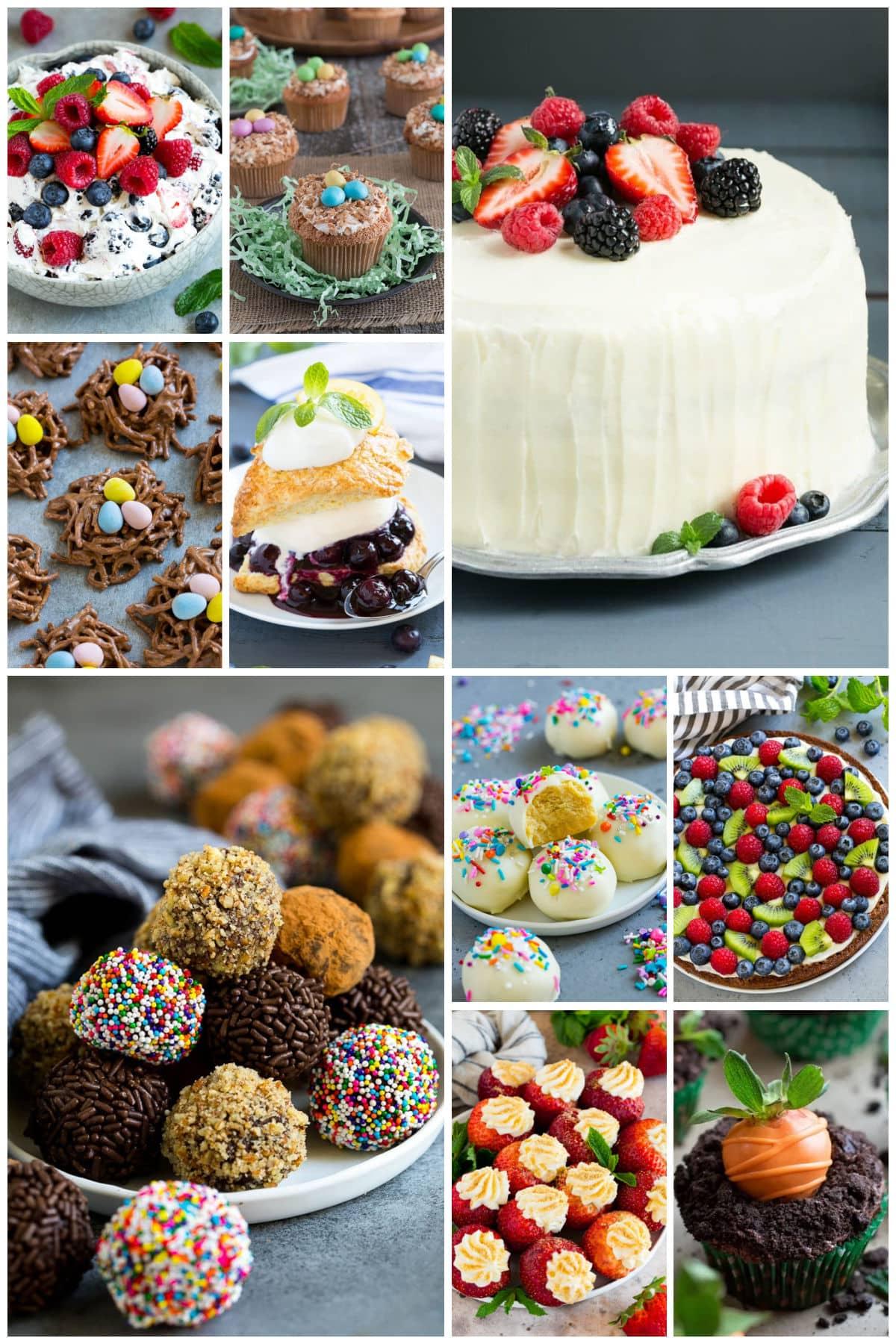 Eine Sammlung von Osterdessert-Rezepten wie Schokoladen-Trüffel, mit Käsekuchen gefüllte Erdbeeren und Beeren-Chantilly-Kuchen.