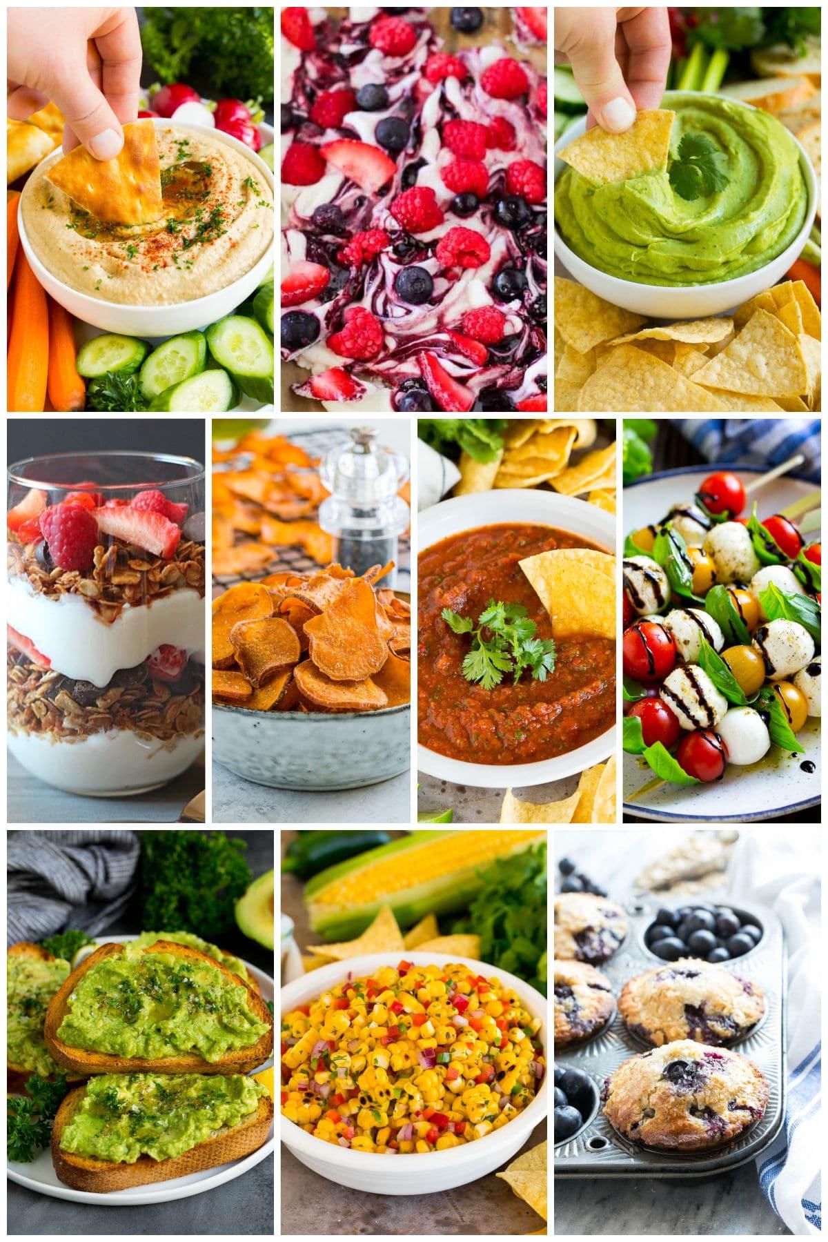 Eine Auswahl gesunder Snack-Rezepte wie Blaubeermuffins und Mais-Salsa.