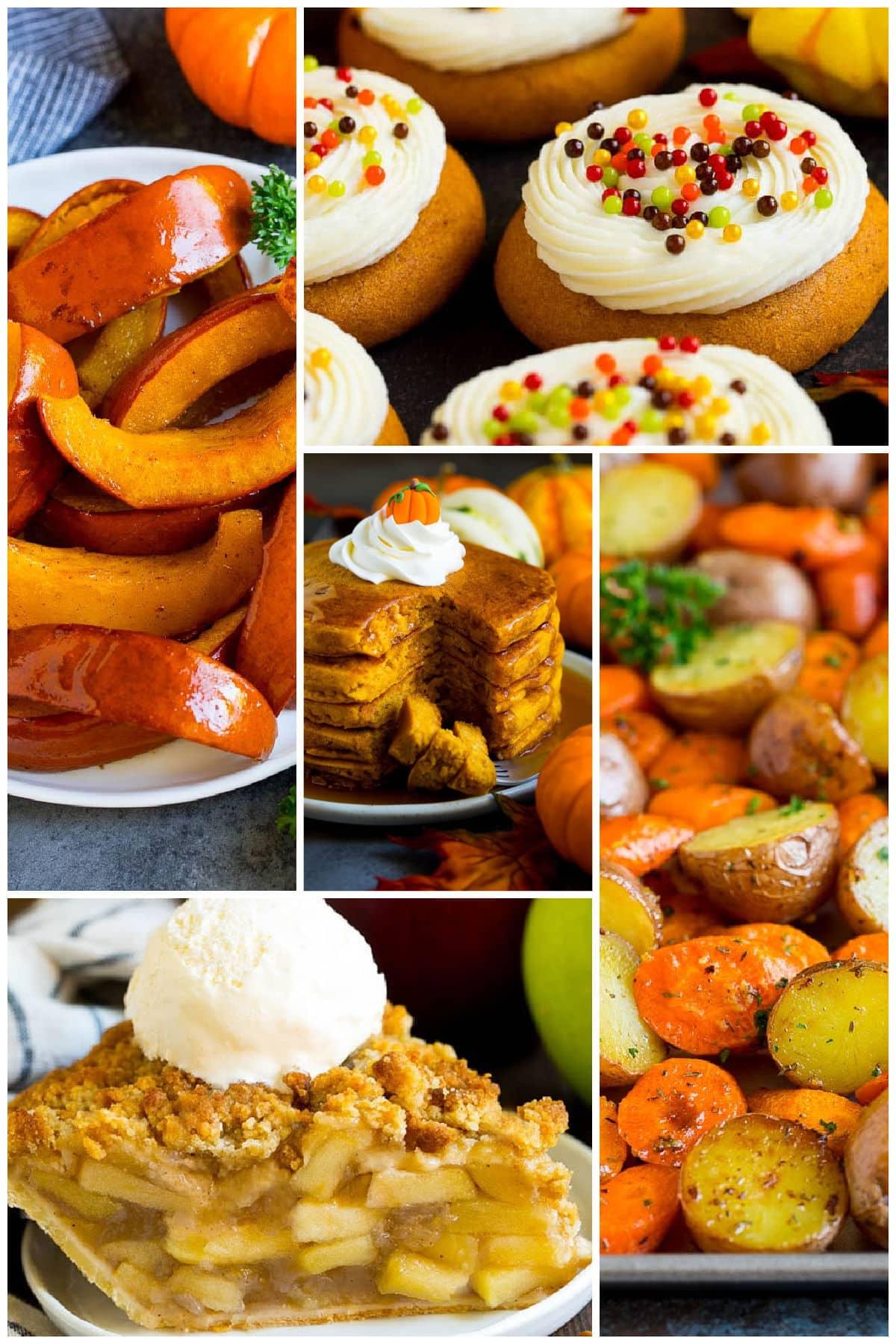 Eine Gruppe von Bildern von Herbstgerichten wie Kürbispfannkuchen und holländischem Apfelkuchen.