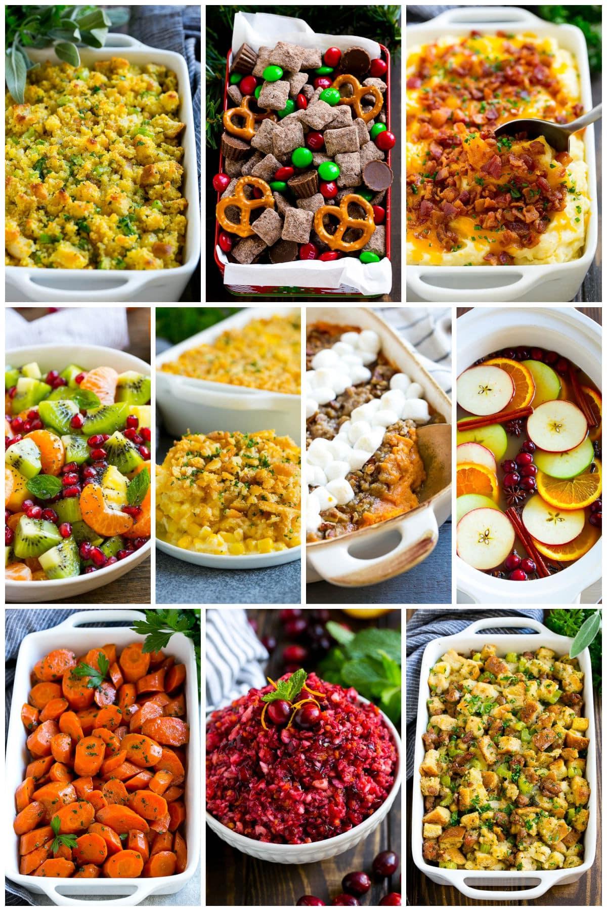 Eine Gruppe von Weihnachtsgerichten wie Cranberry-Relish, langsam gegarte glasierte Karotten und Kartoffelauflauf mit allem Drum und Dran.