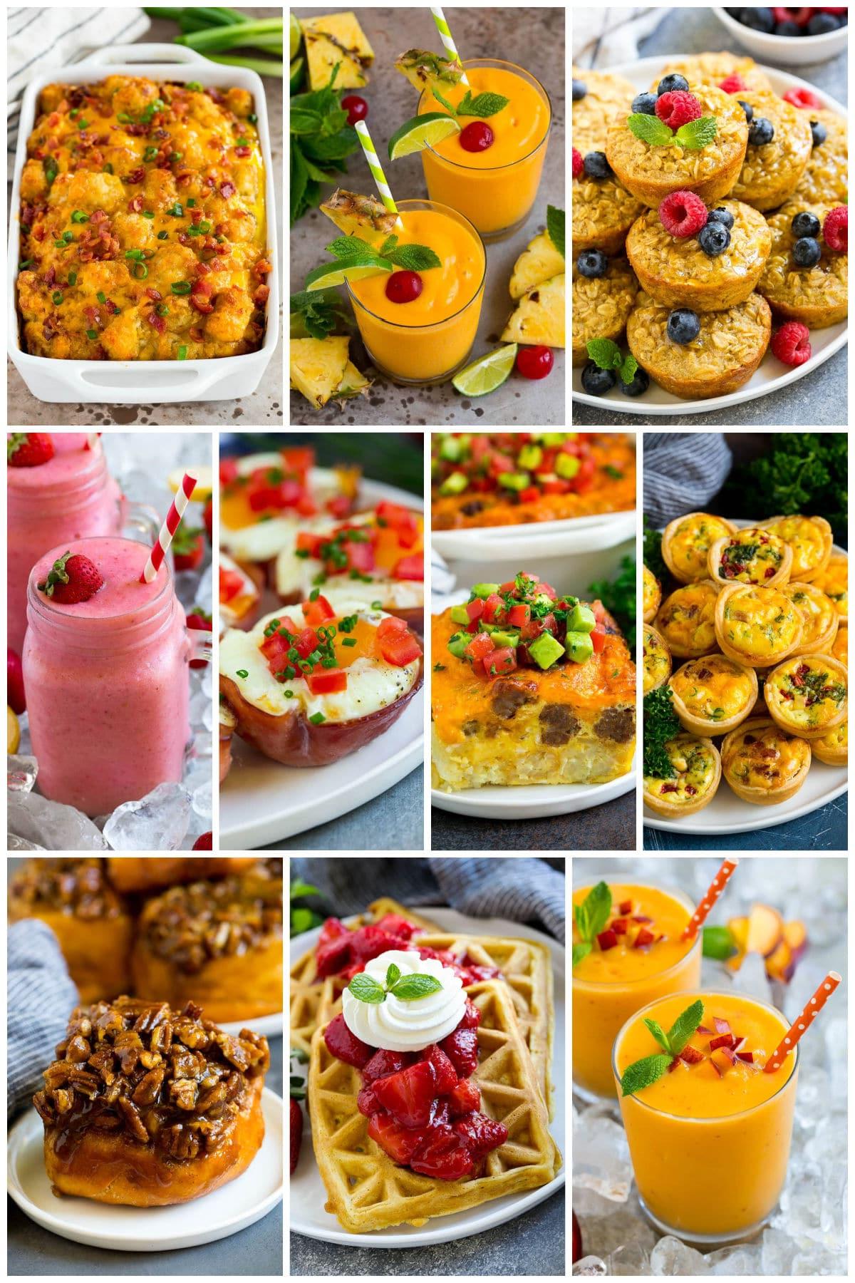 Eine Gruppe von Morgenmahlzeiten wie gebackene Haferflocken-Cups, Erdbeerwaffeln und Sticky Buns.