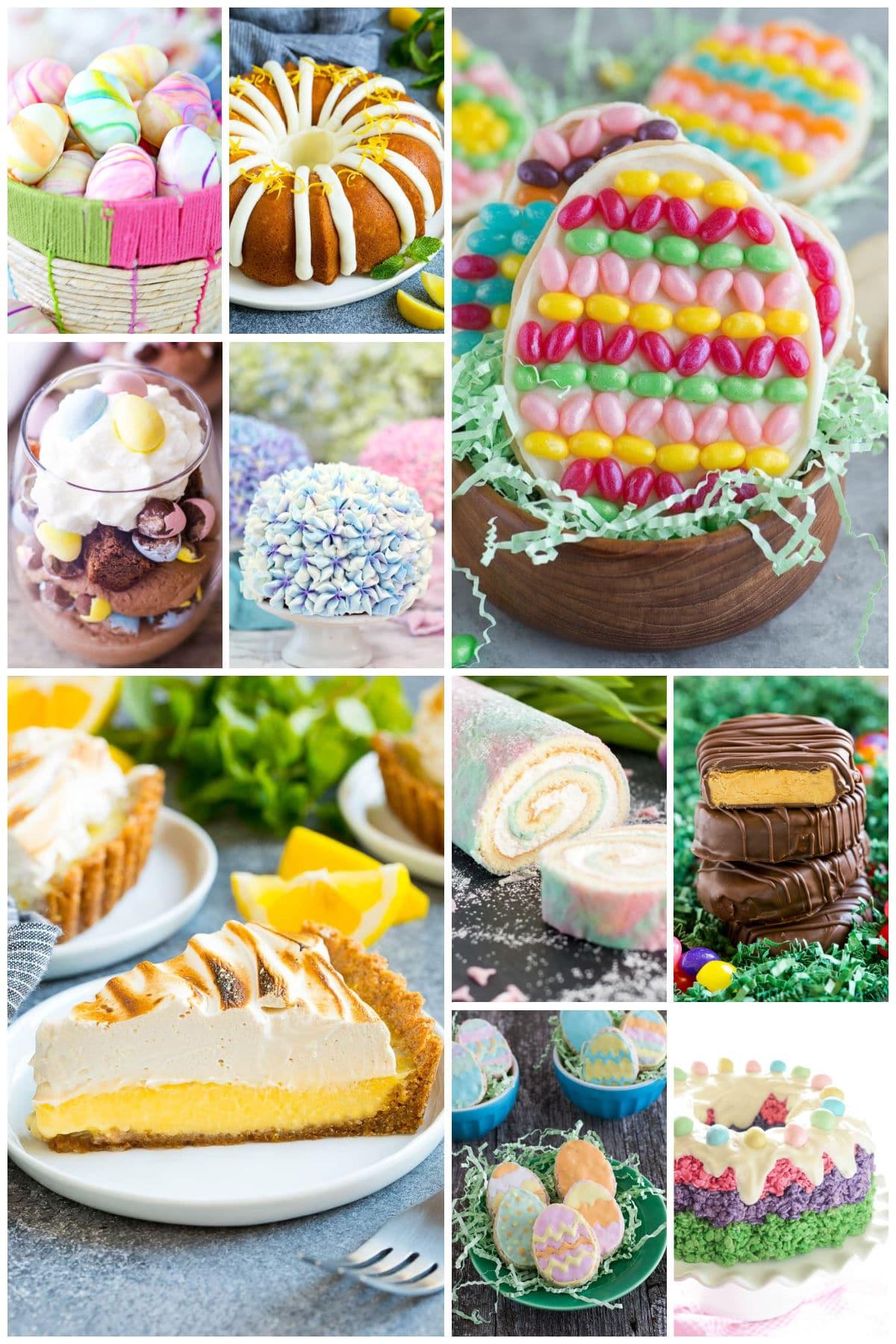 Eine Sammlung von Osterleckereien, darunter eine Zitronen-Baisertarte, Erdnussbutter-Eier und ein Zitronen-Gugelhupf.