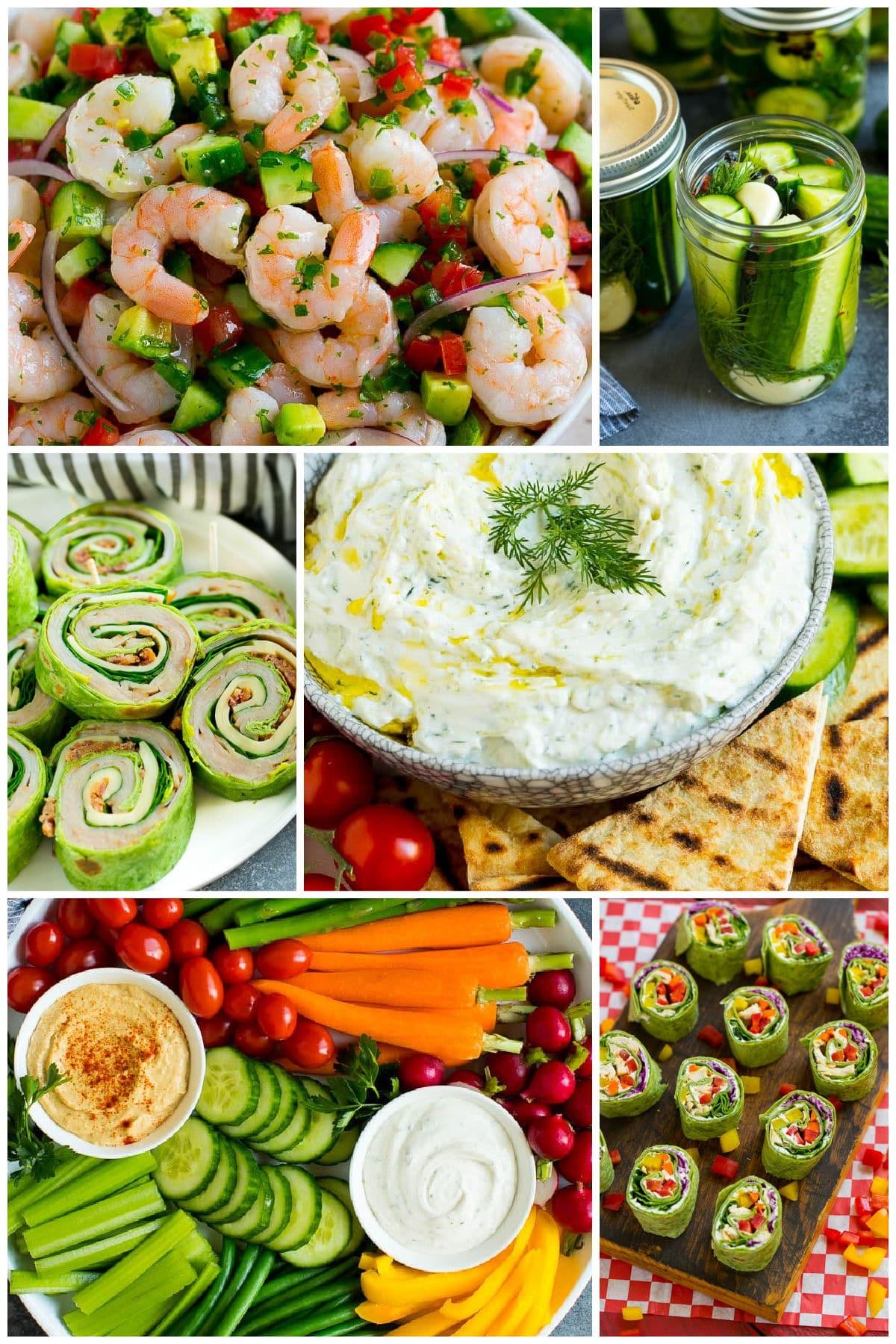 Eine Gruppe von Bildern gesunder Lebensmittel wie Garnelen-Ceviche und Truthahn-Roll-ups.