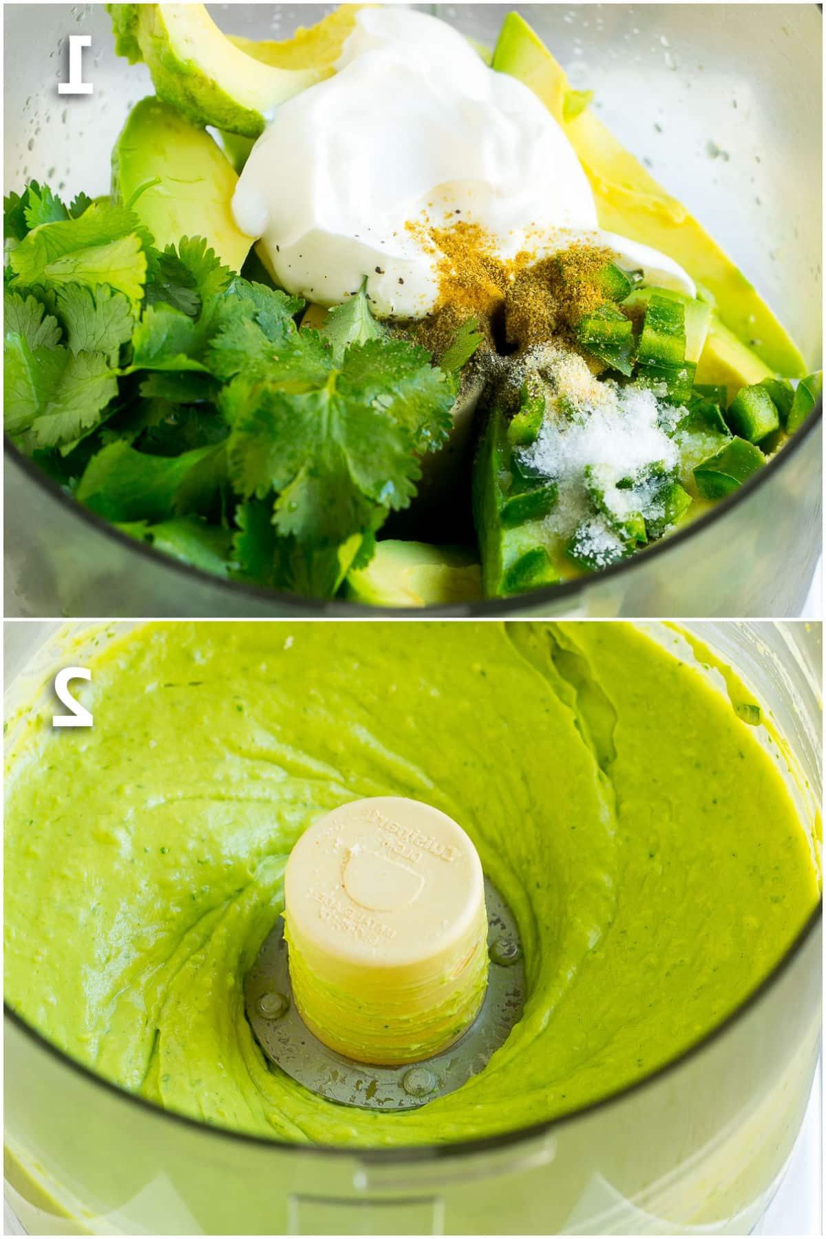 Verarbeitungsschritte, die zeigen, wie Avocado in einem Food Processor gemischt wird.