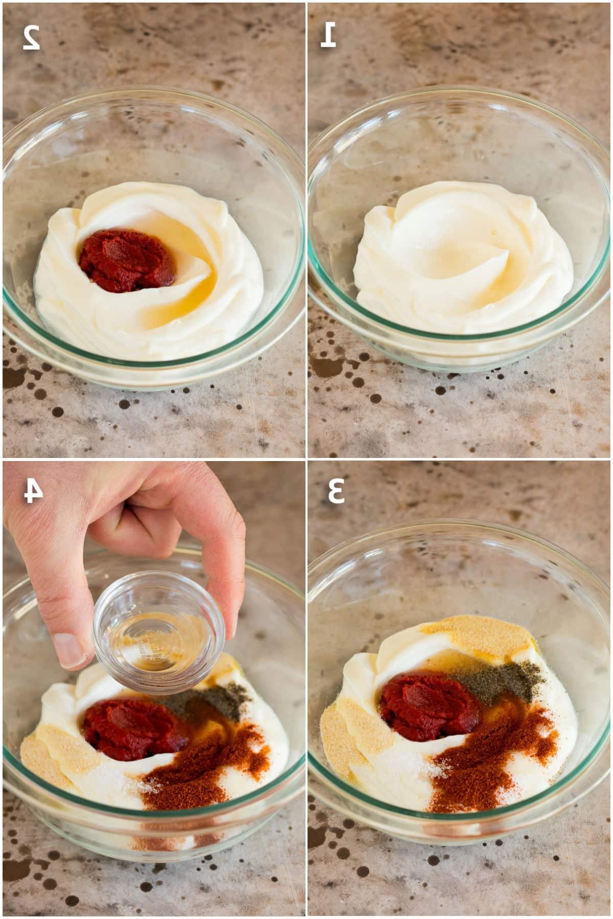 Yum Yum Sauce Rezept 4 Schritt-für-Schritt-Aufnahmen, die zeigen, wie cremige Hibachi-Sauce hergestellt wird.