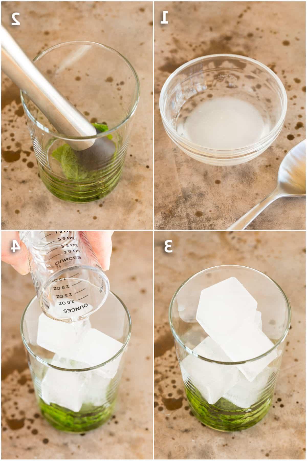 Mango Mojito 4 Zucker löst sich in Wasser auf, daneben frische Minze in einem Glas mit einem Muddler, umgeben von Eiswürfeln und einer Flasche Rum. Die essentiellen Schritte zur Mojito-Zubereitung.