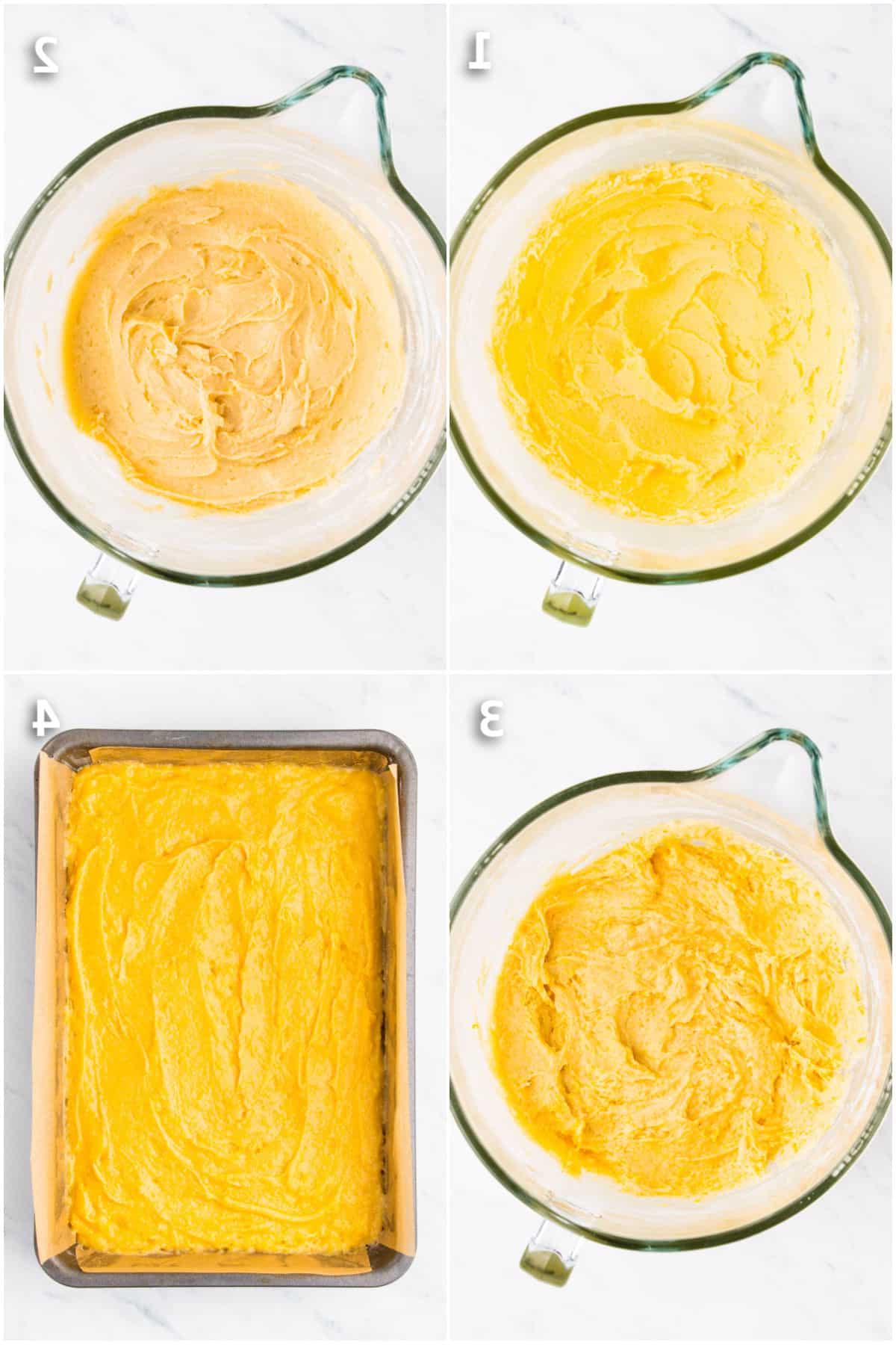Erdbeer-Zitronen-Kuchen 4 Kuchenteig in einer Rührschüssel und in einer Backform.