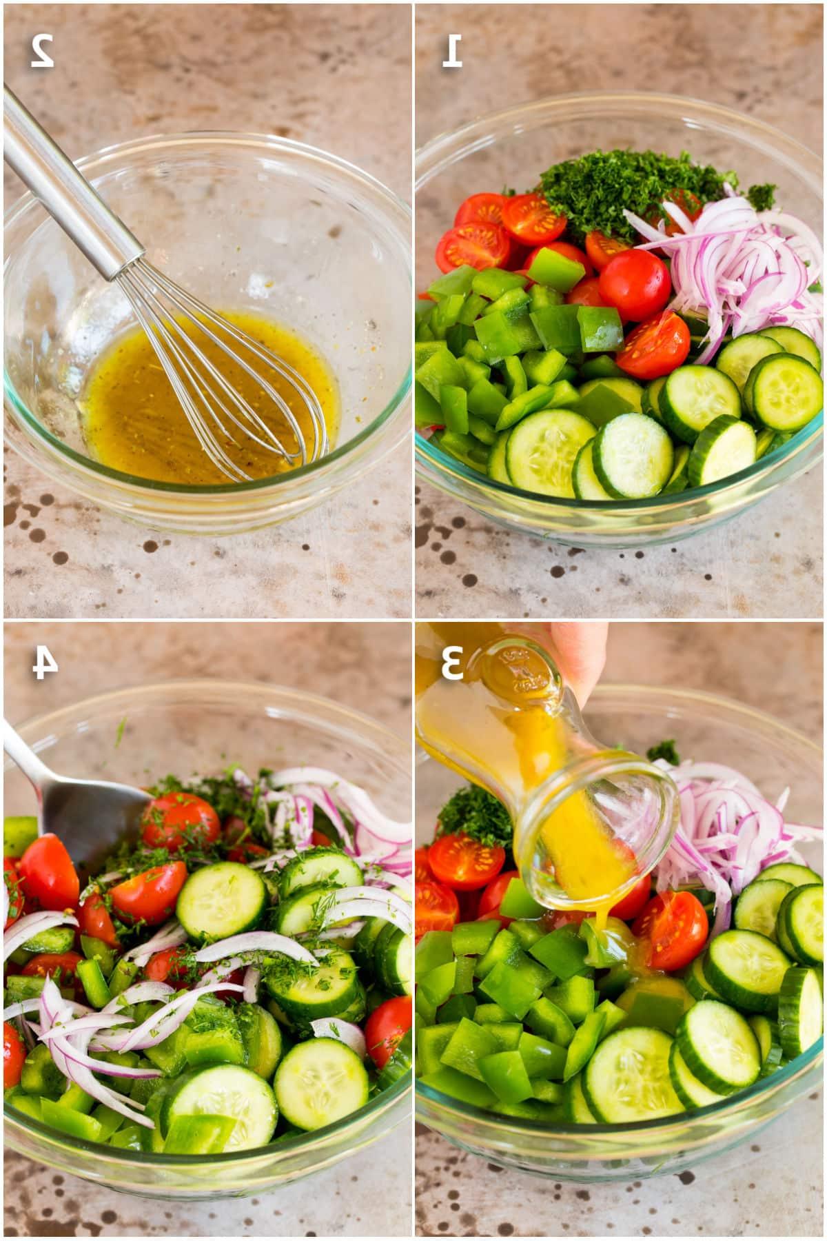 Gurken-Tomaten-Salat 4 Schritt-für-Schritt-Prozessbilder zur Herstellung von Tomaten-Gurken-Salat.