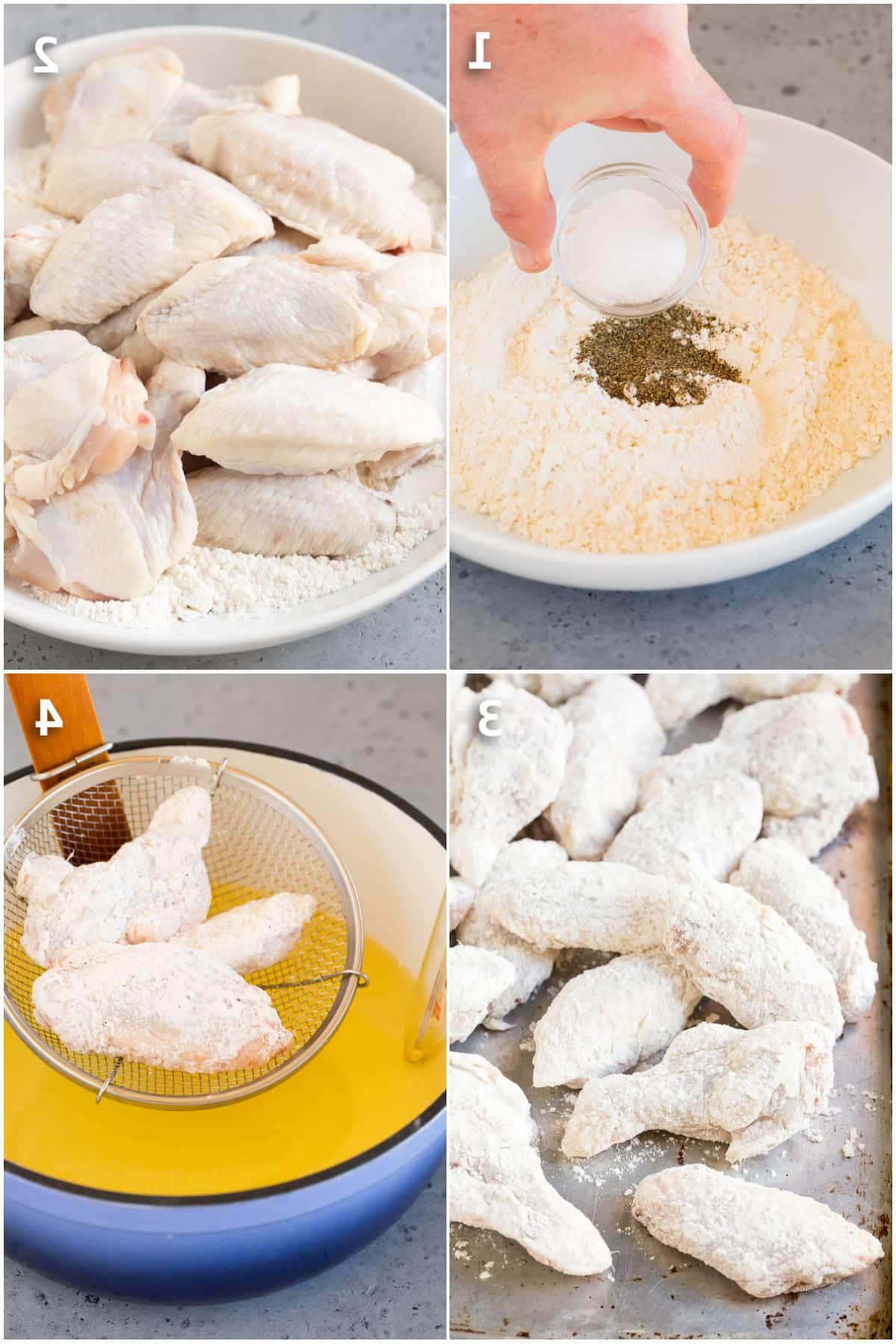 Zitronenpfeffer-Flügel 4 Schritt-für-Schritt-Aufnahmen, die zeigen, wie Hähnchenflügel paniert und frittiert werden.