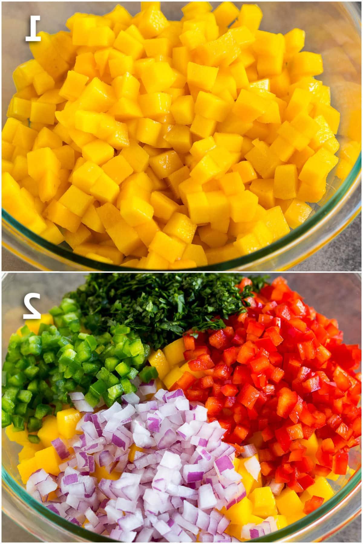 Mango Salsa Rezept 4 Bilder, die das Mischen von gewürfelten Mangos und Gemüse zur Herstellung von Salsa zeigen.