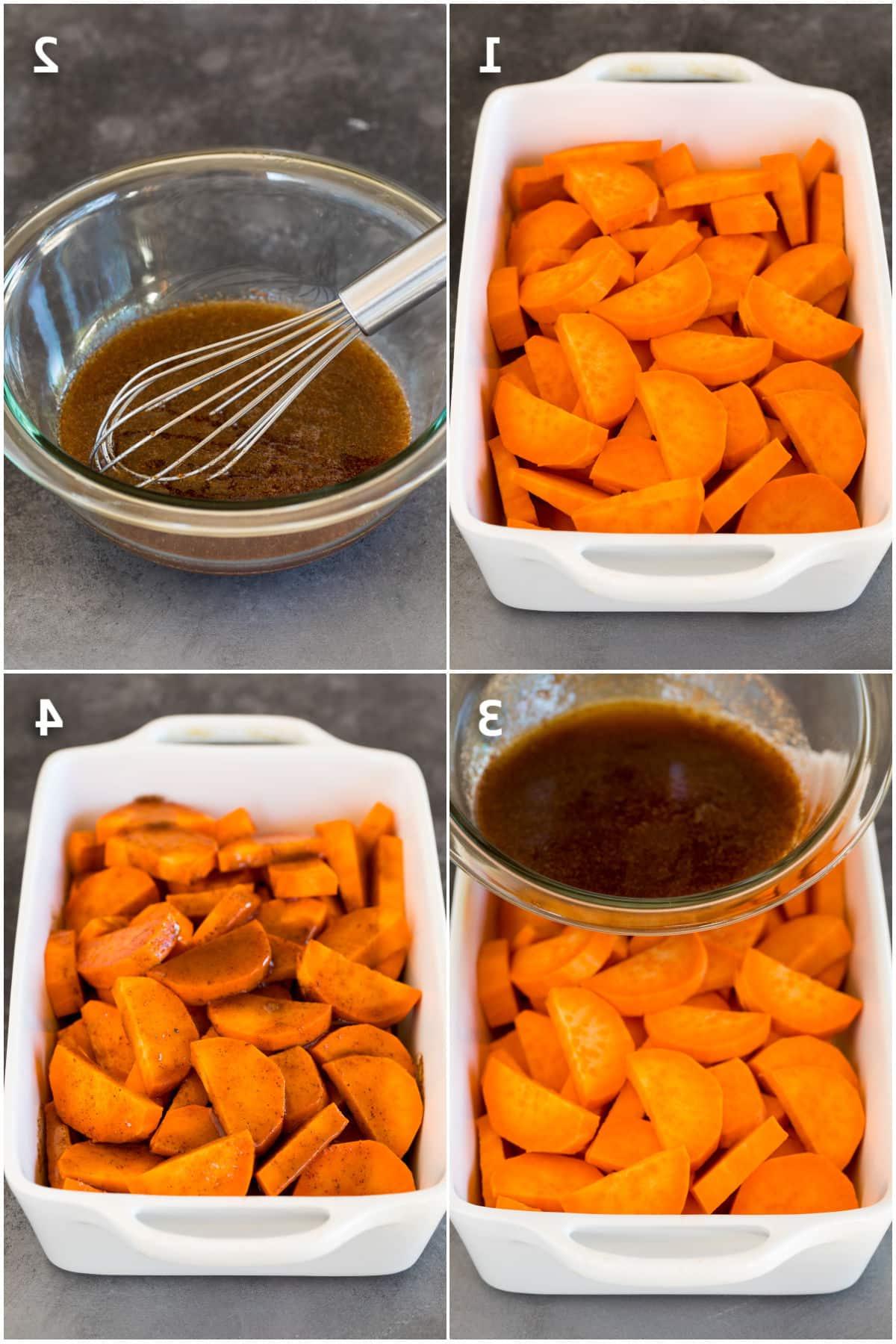 Kandierte Süßkartoffeln 4 Schritt-für-Schritt-Prozessfotos, die zeigen, wie man kandierte Süßkartoffeln zubereitet.