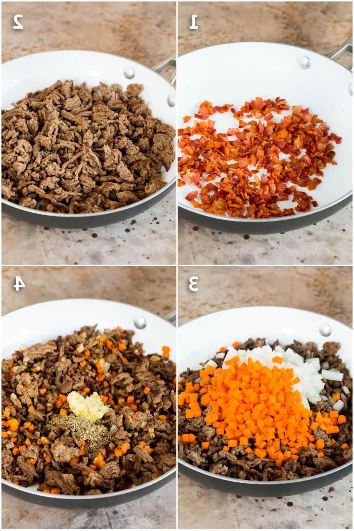 Schongarer-Bolognesesoße 4 Schritt für Schritt zeigt das Anbraten von Speck, Rindfleisch und Gemüse in einer Pfanne.