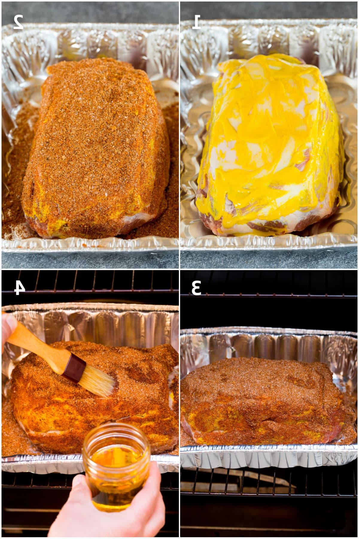 Geräuchertes Pulled Pork 4 Verfahrensschritte: Fleisch mit Rub bestreichen und räuchern.