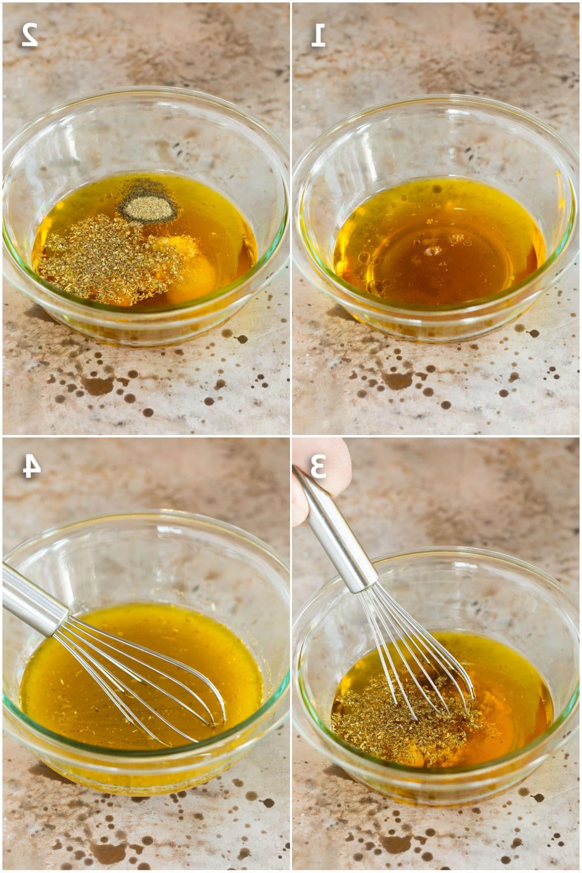 Griechisches Salatdressing 4 Schritt-für-Schritt-Bilder, die zeigen, wie man griechisches Dressing in einer Schüssel und einem Glas zubereitet, inklusive des kräftigen Schüttelns.