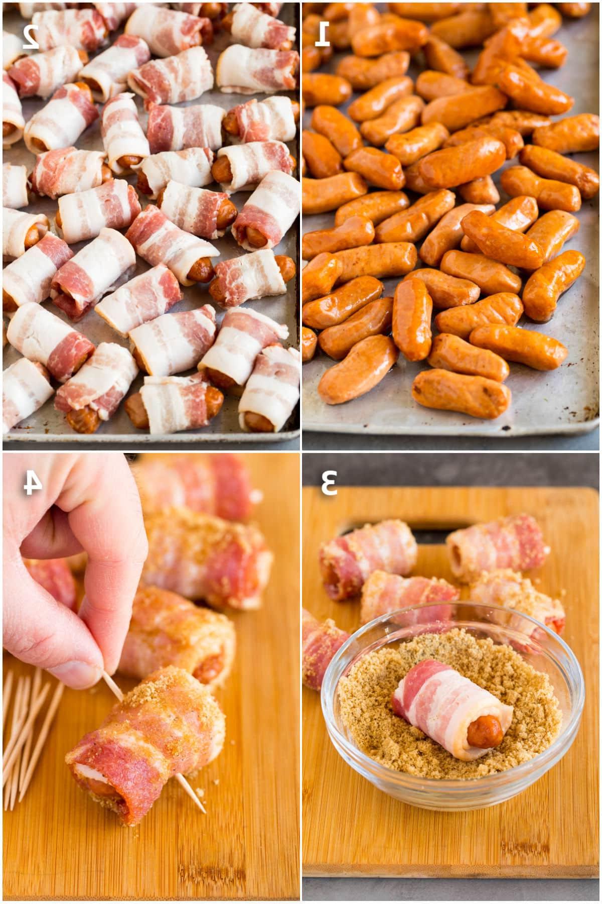 **Würstchen im Speckmantel** 4 Schritt-für-Schritt-Bilder, die die Zubereitung von Bacon Wrapped Smokies zeigen.