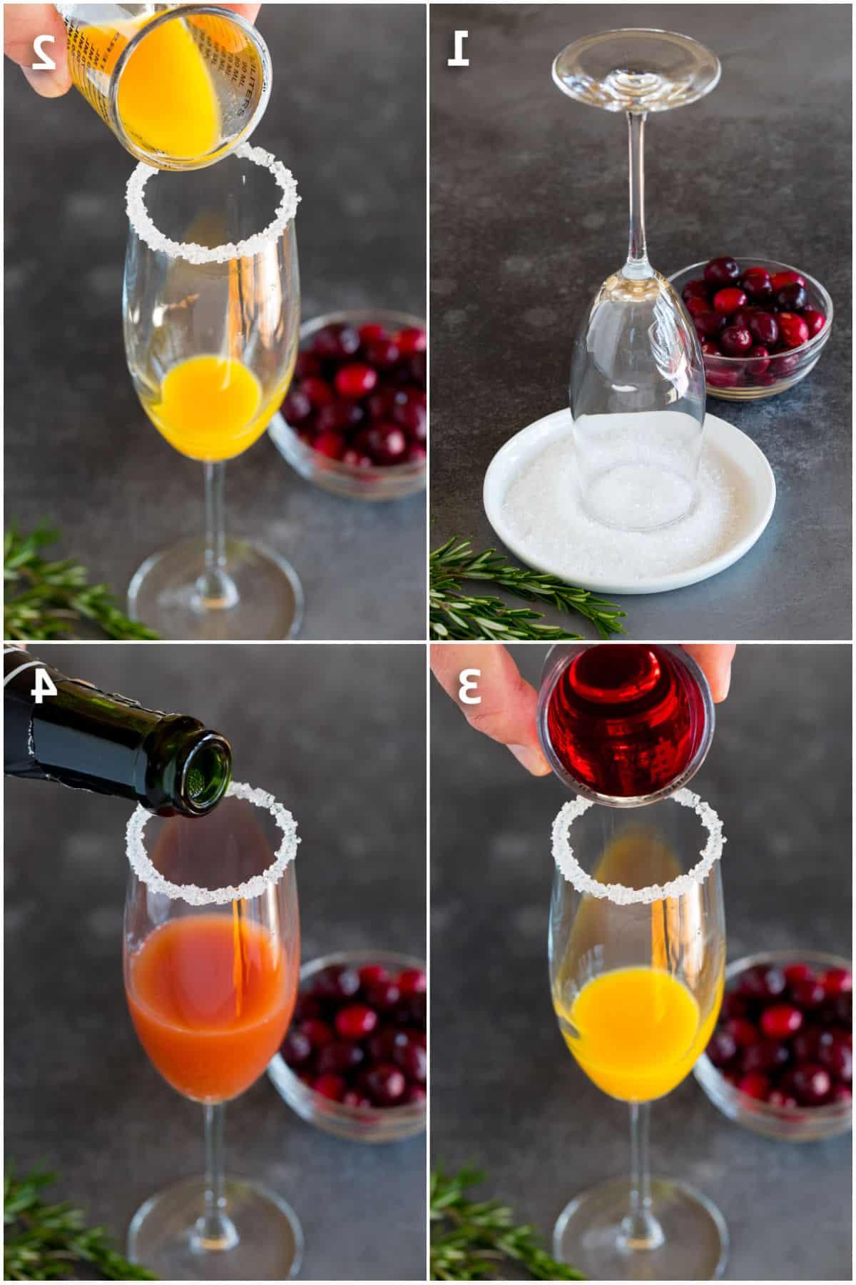 Preiselbeer-Mimosa 4 Ein Champagnerglas mit Zuckerrand, Säfte und Champagner werden ins Glas gegossen.