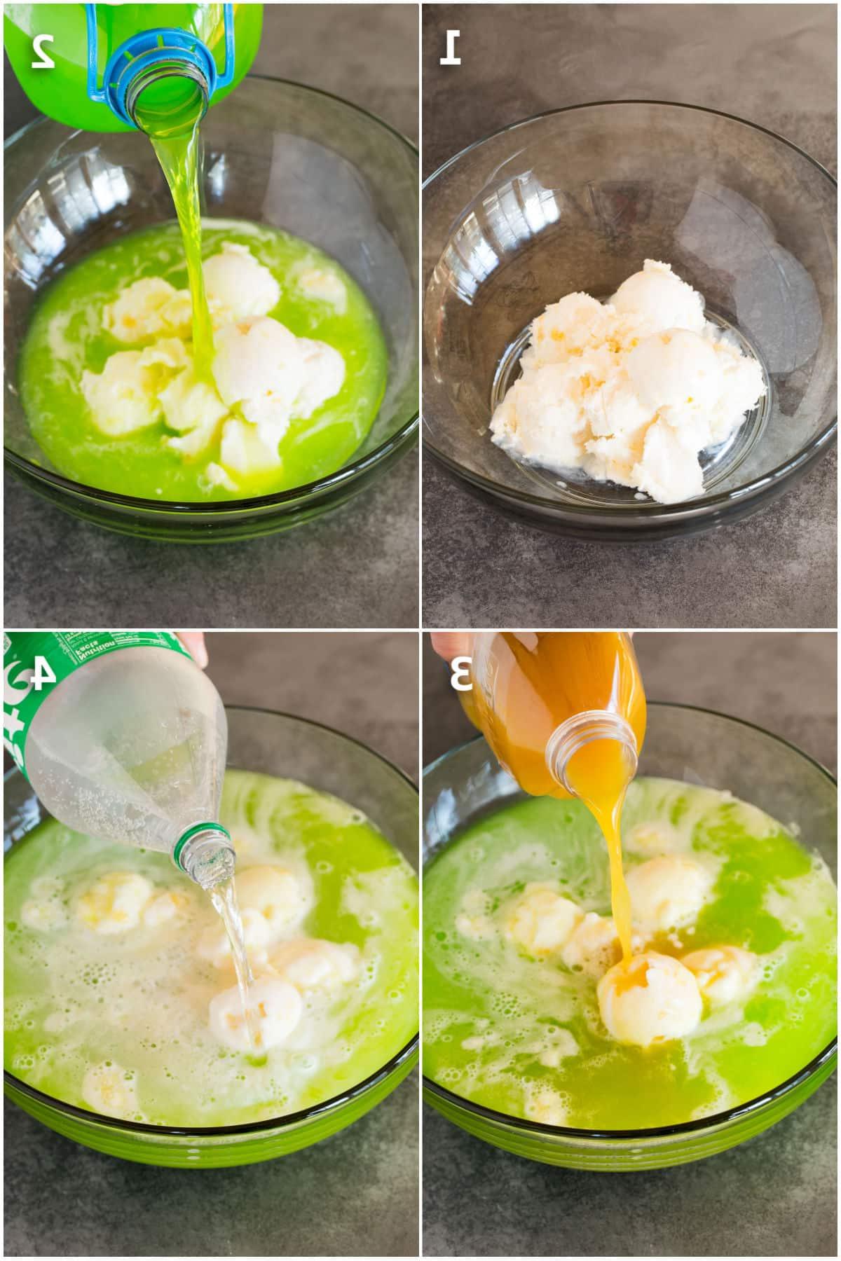 Grinch-Punch 4 Sherbet, punch, juice and soda being added to a punch bowl.