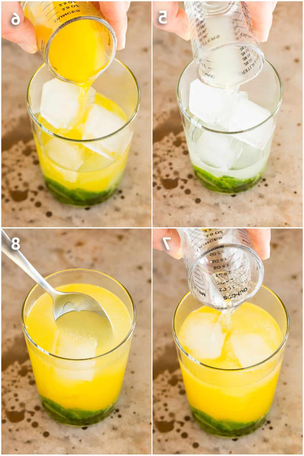 Mango Mojito 5 Limettensaft, Mangonektar und Sodawasser werden nacheinander in einen Cocktail gegossen, der bereits Minze und Eis enthält. Der letzte Schritt zur Vollendung des erfrischenden Mojitos.