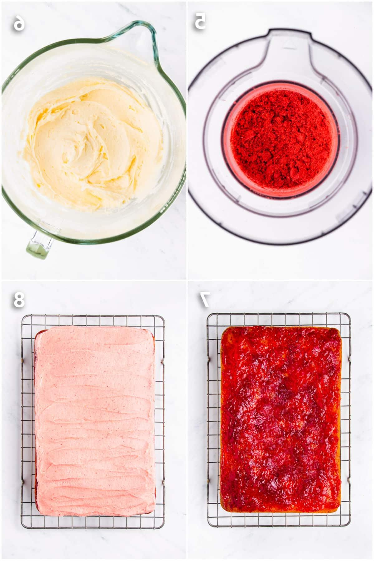 Erdbeer-Zitronen-Kuchen 5 Erdbeer-Buttercreme wird zubereitet und mit Erdbeermarmelade auf einen Kuchen geschichtet.
