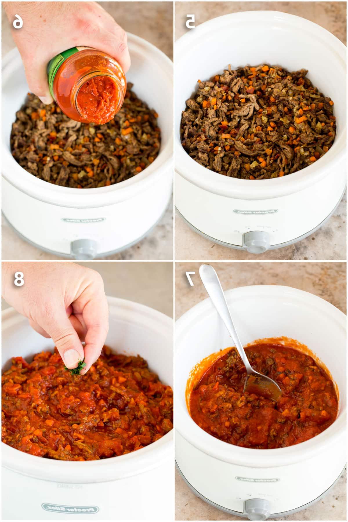 Schongarer-Bolognesesoße 5 Prozessschritte zeigen, wie Rindfleisch mit Tomatenprodukten gemischt und gekocht wird.