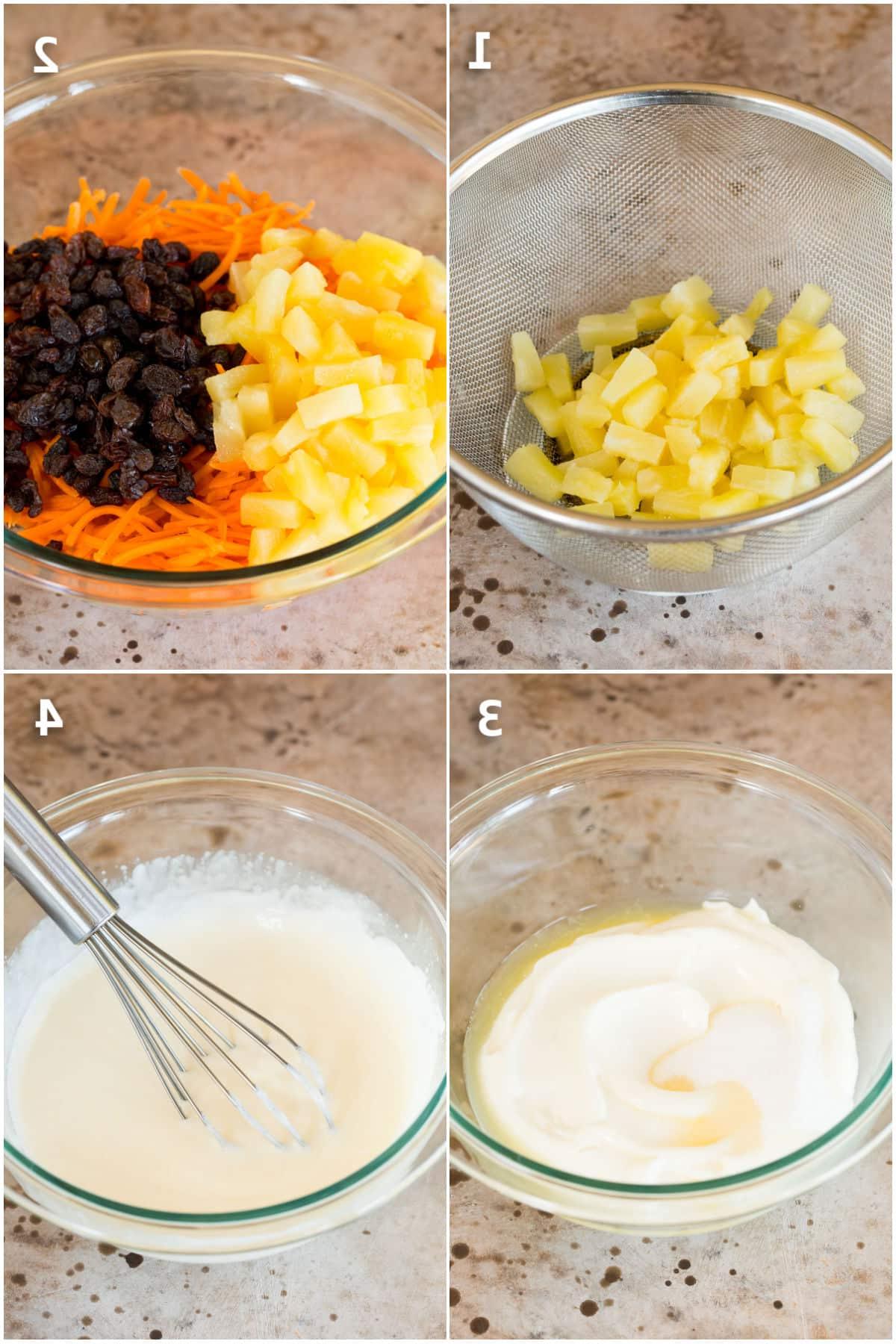 Karottensalat 4 Prozessbilder, die die Zubereitung von Karotten-Rosinen-Salat zeigen.
