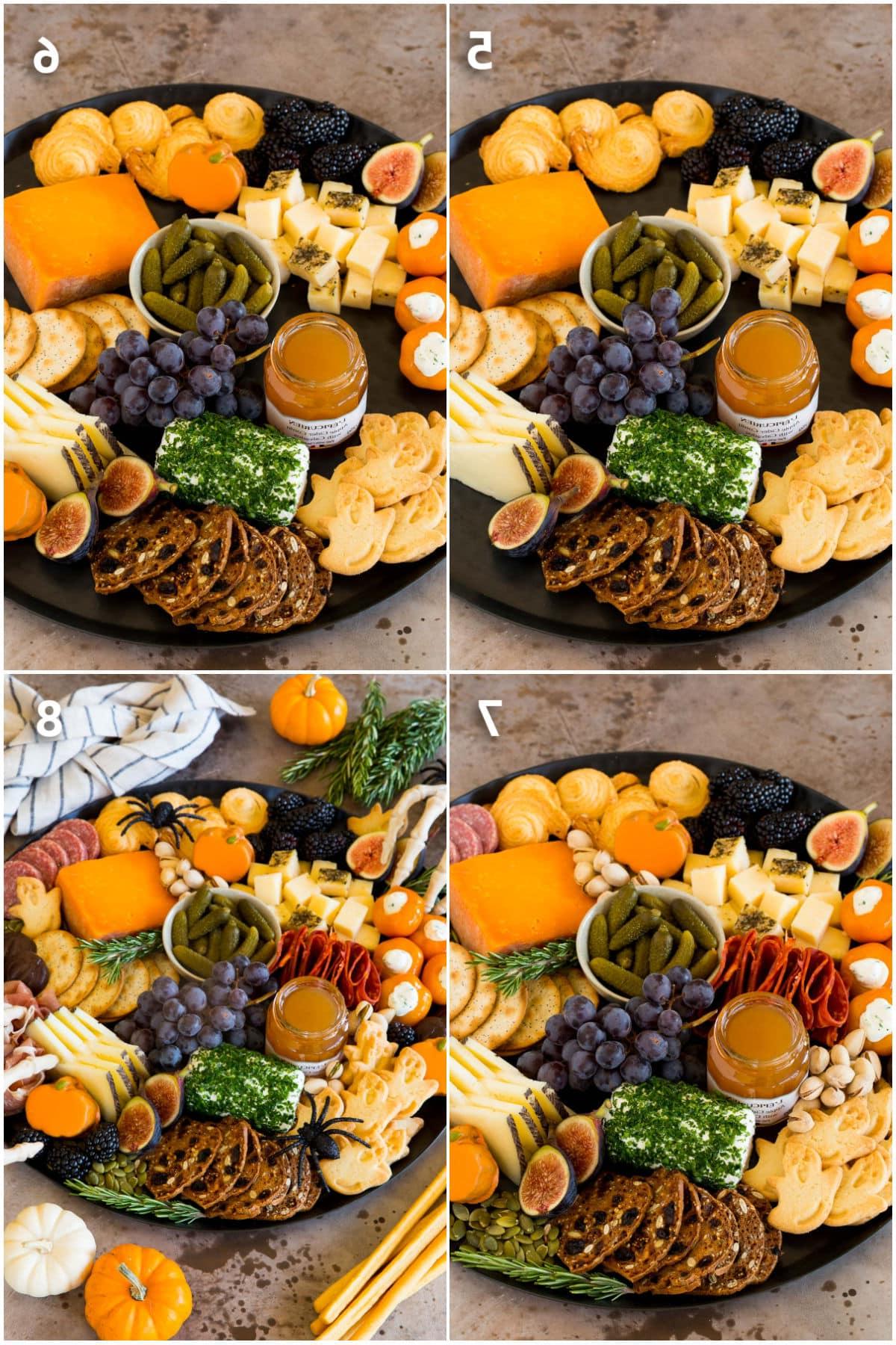 Halloween Platte 5 Prozessaufnahmen, die zeigen, wie man eine Charcuterie Board macht.