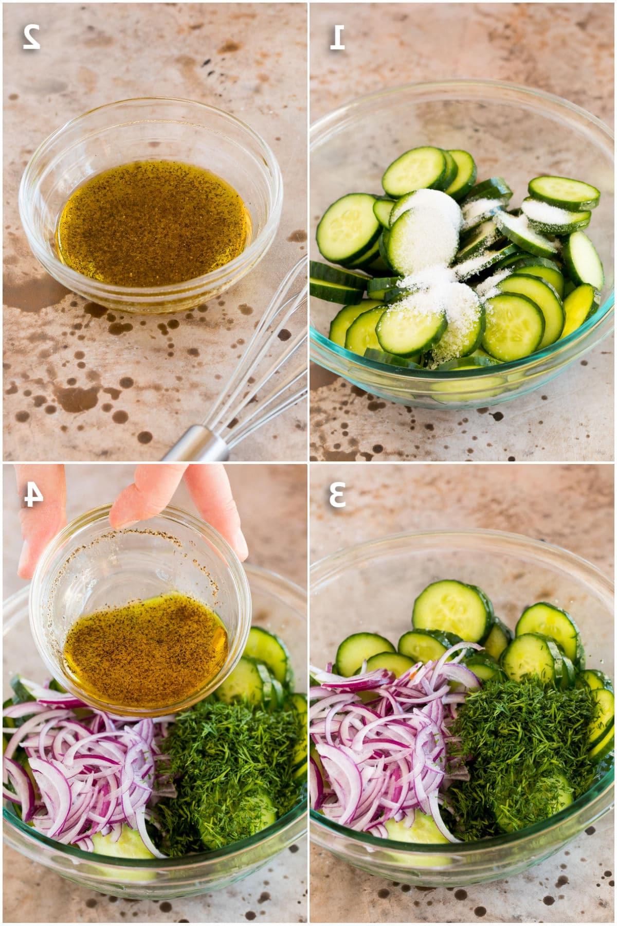 Prozessbilder der Zubereitung von Gurkensalat und Dressing.