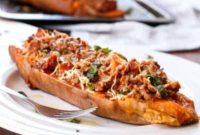Sweet Potato Boats with Cheesy Bacon Bolognese