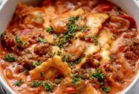 Savory One-Pot Creamy Tomato Beef Ravioli