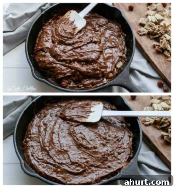 Ultimate Ferrero Rocher Skillet Brookie 8 A collage showing the final steps of making the Ferrero Rocher Deep Dish Skillet Brownie Cookie, with the finished product in the pan.