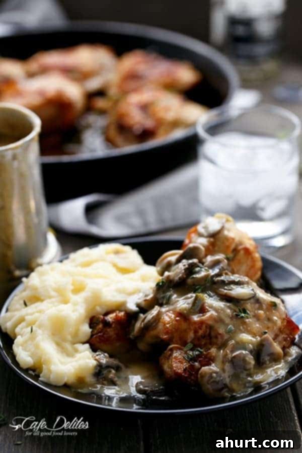 Beer-Crisped Chicken with Mushroom Ale Gravy 7 Side view image of Crispy Beer Chicken with Drunken Creamy Mushroom Gravy