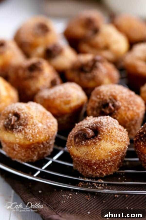 Churro Nutella Poppers 2 Side view of Nutella Churro Donut Holes, perfectly golden and dusted with cinnamon sugar, revealing a glimpse of the rich Nutella filling.