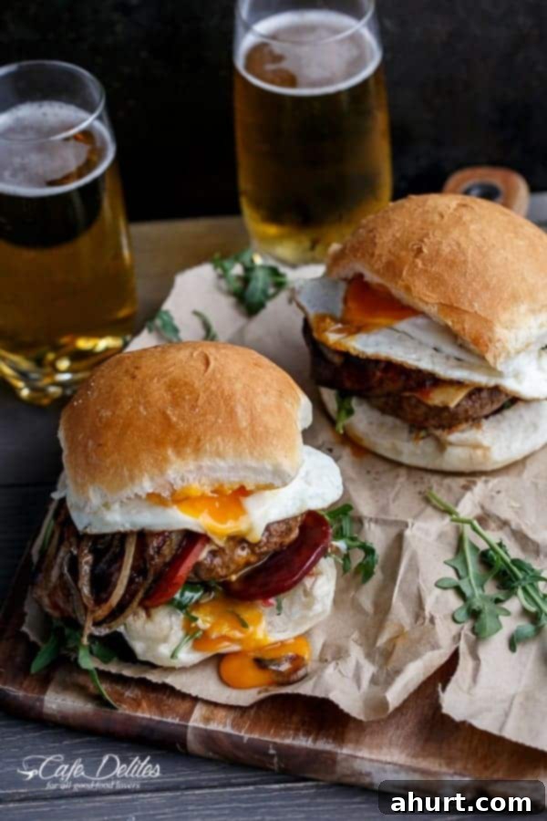 Outback Brewed Beef Burgers 5 Drunken Aussie Beef Burgers on baking pepper with some fresh herbs in the background