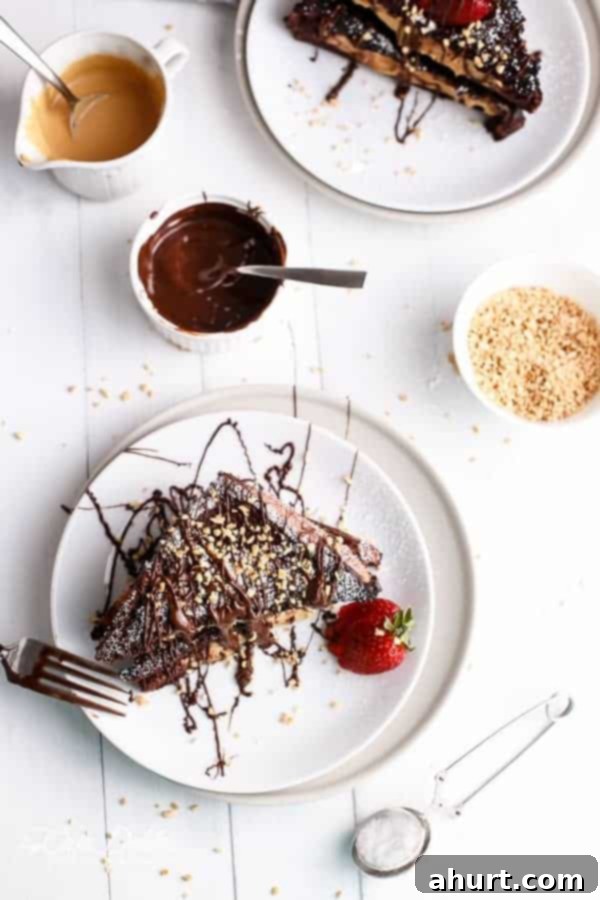 Long view image of Peanut Butter Cheesecake Stuffed Chocolate Brownie French Toasts 