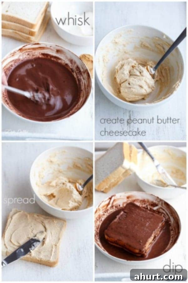 Collage on how to make Peanut Butter Cheesecake Stuffed Chocolate Brownie French Toasts 