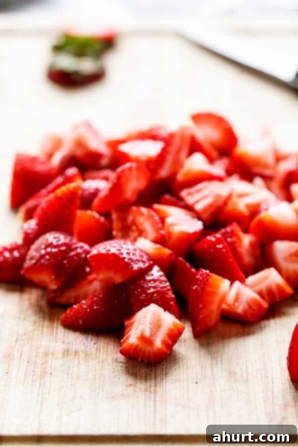 Fresh strawberry pieces for Strawberry Shortcake Greek Yogurt Pancakes
